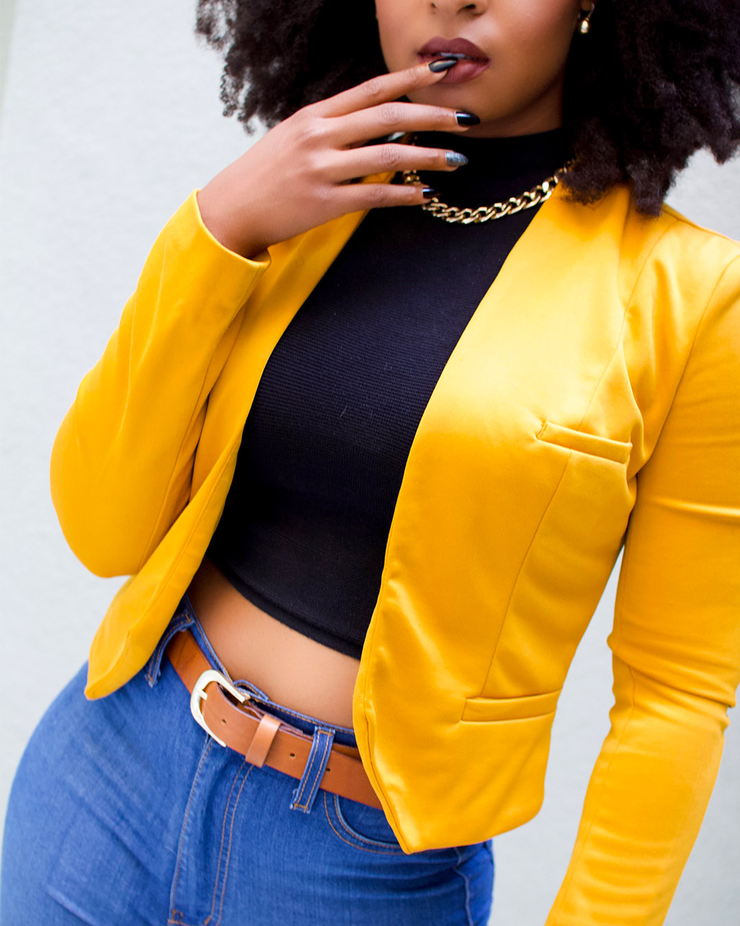 yellow cropped blazer outfit