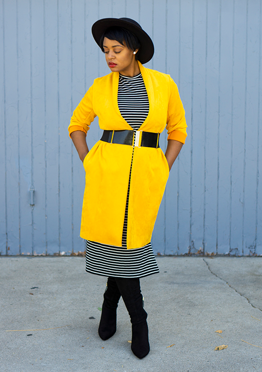 long yellow coat outfit